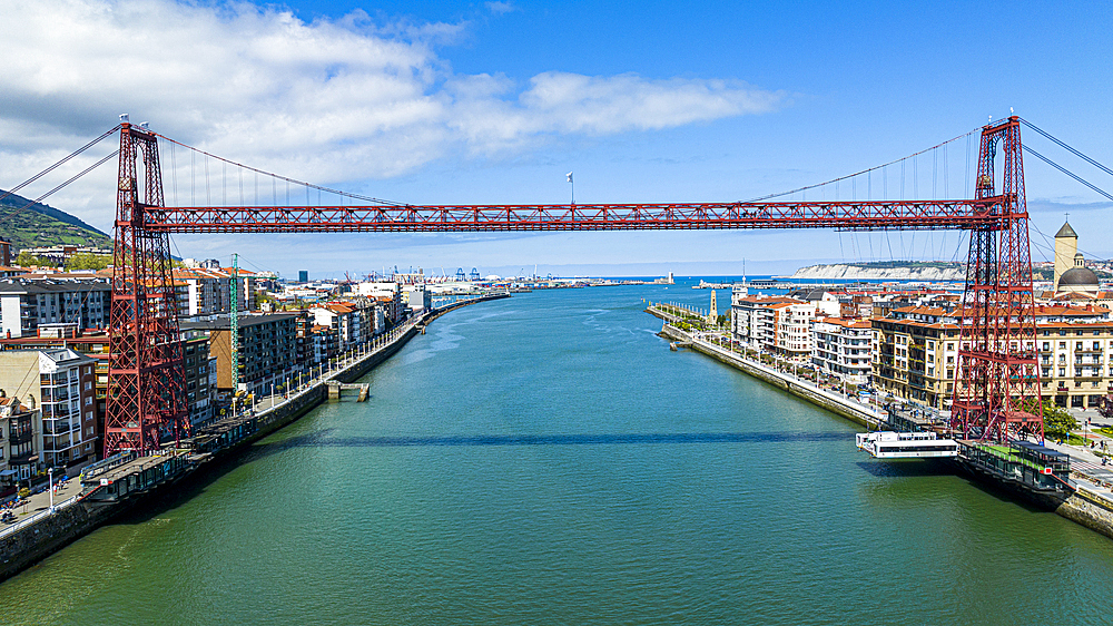 Aerial of Vizcaya Bridge, UNESCO World Heritage Site, Bilbao, Basque country, Spain, Europe