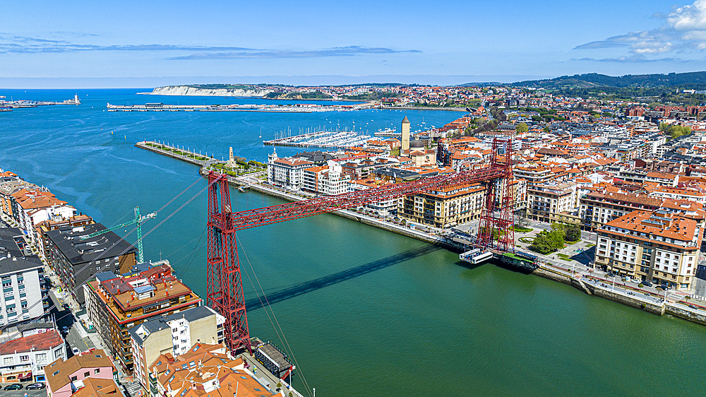 Aerial of Vizcaya Bridge, UNESCO World Heritage Site, Bilbao, Basque country, Spain, Europe