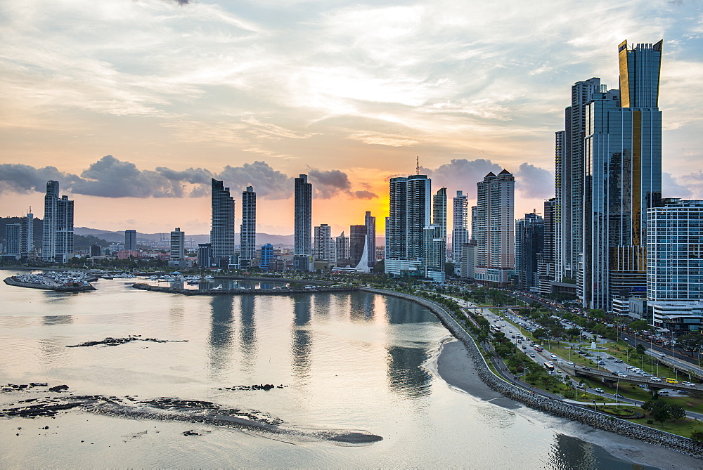 Skyline of Panama City at sunset, Panama City, Panama, Central America