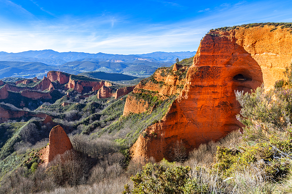 Aerial of Las Medulas old Roman gold mine, UNESCO World Heritage Site, Castile and Leon, northern Spain, Europe