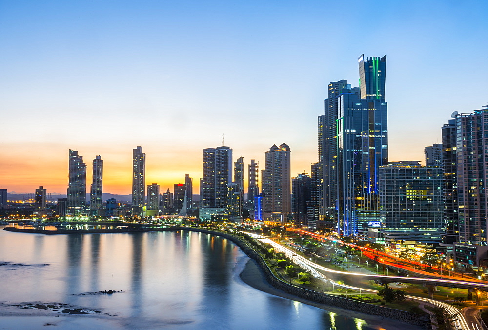 The skyline of Panama City at night, Panama City, Panama, Central America