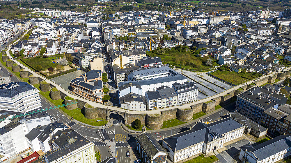 Aerial of the Roman walled town of Lugo, UNESCO World Heritage Site, Galicia, Spain, Europe