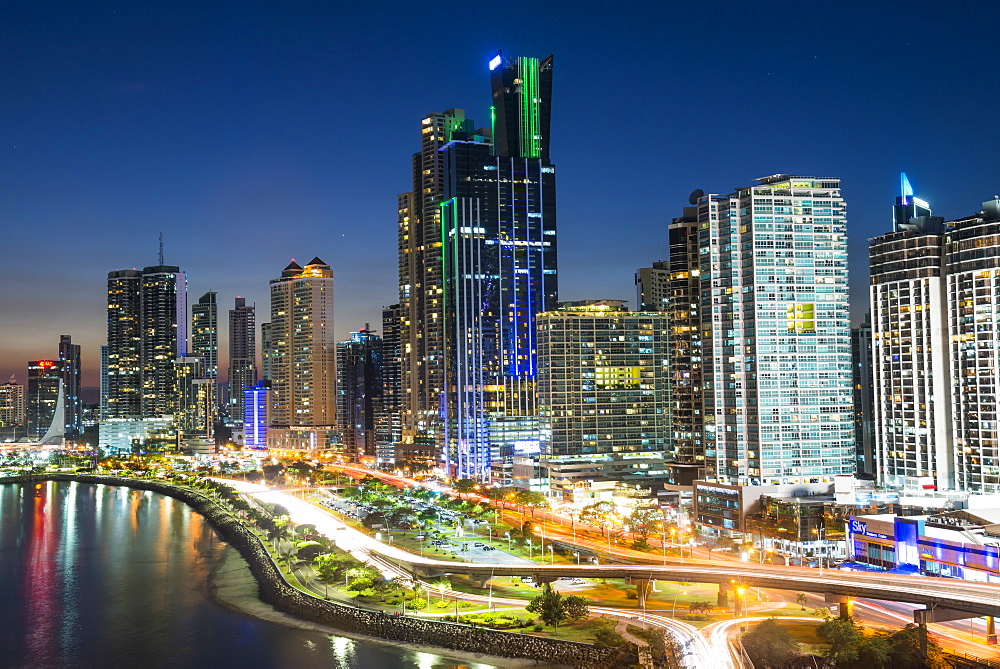 The skyline of Panama City at night, Panama City, Panama, Central America