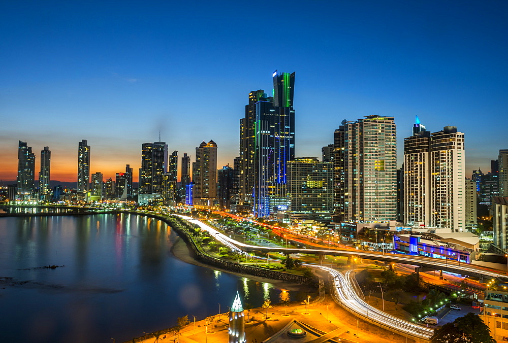 The skyline of Panama City at night, Panama City, Panama, Central America