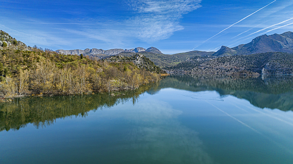 Aerial of the mountains and Embalse de Luna lake, Asturias, Spain, Europe