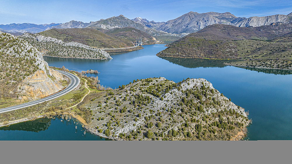 Aerial of the mountains and Embalse de Luna lake, Asturias, Spain, Europe