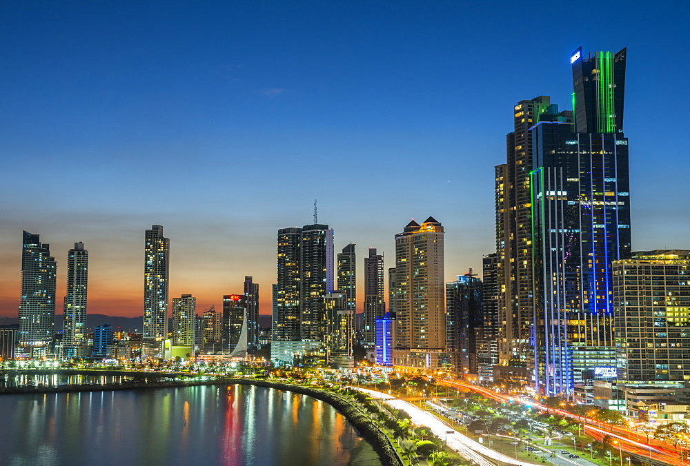 The skyline of Panama city at night, Panama City, Panama, Central America