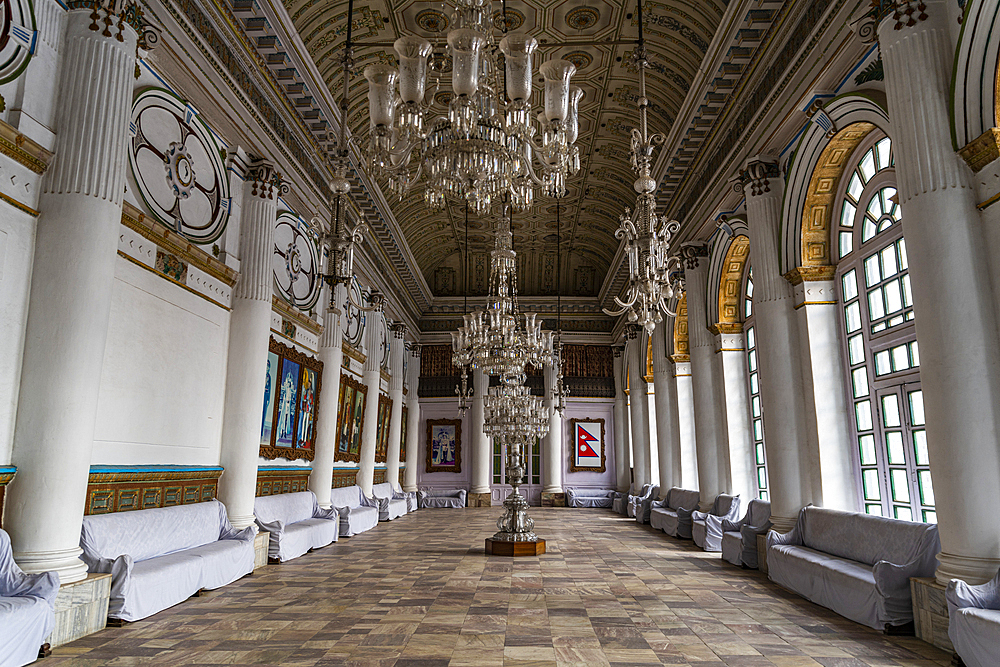 Interior of the Royal palace Gaddi Baithak, Durbar Square, UNESCO World Heritage Site, Kathmandu, Nepal, Asia