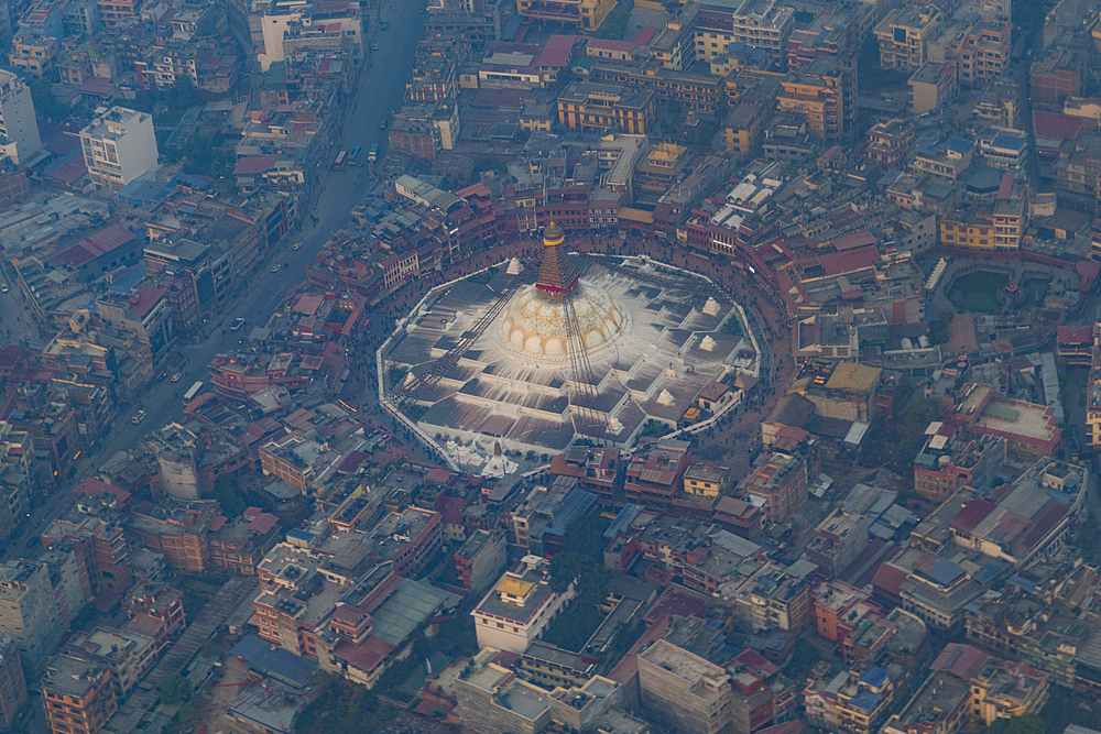 Aerial of the Boudhanath Stupa, UNESCO World Heritage Site, Kathmandu, Nepal, Asia