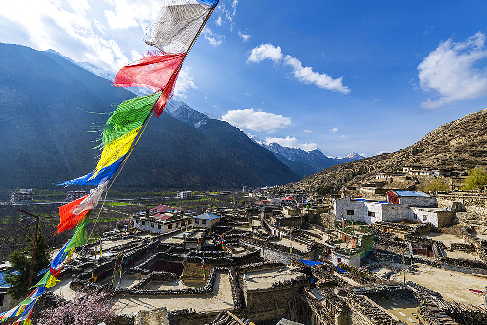 Historical village of Marpha and prayer flags, Jomsom, Himalayas, Nepal, Asia