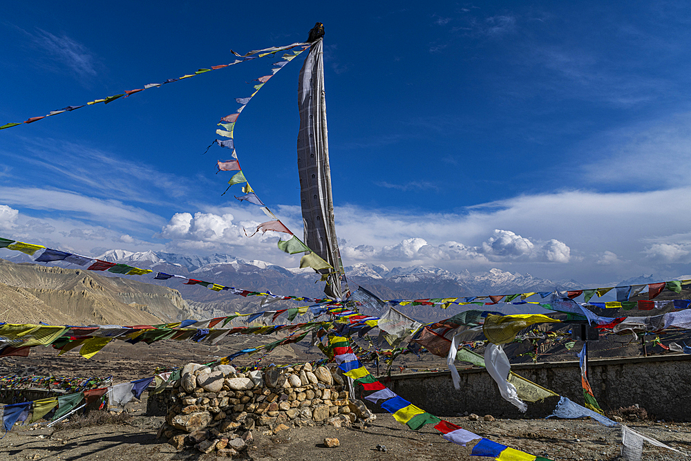 Prayer flags, Ghar Gumba Monastery, Kingdom of Mustang, Himalayas, Nepal, Asia