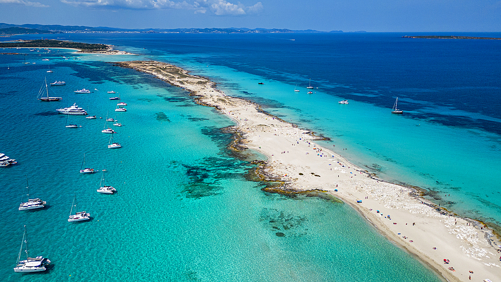 Aerial of the white sand beach of Platja de Ses Illetes, Formentera, Balearic Islands, Spain, Mediterranean, Europe