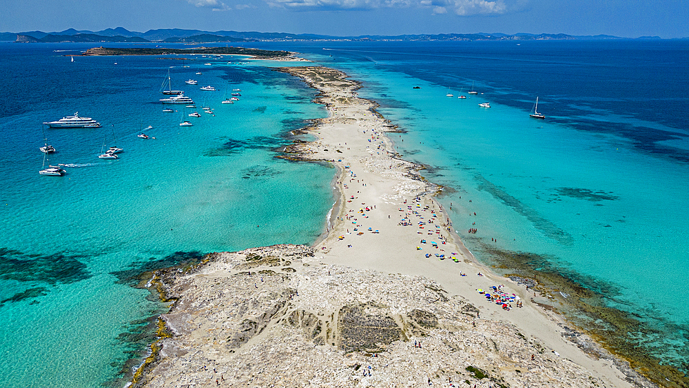 Aerial of the white sand beach of Platja de Ses Illetes, Formentera, Balearic Islands, Spain, Mediterranean, Europe