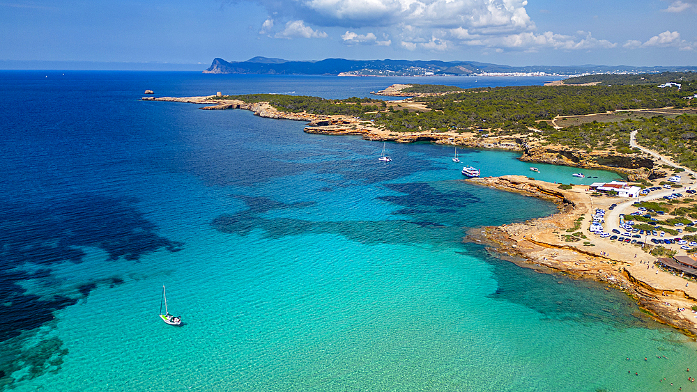 Aerial of Comte beach with its turquoise waters, Ibiza, Balearic Islands, Spain, Mediterranean, Europe