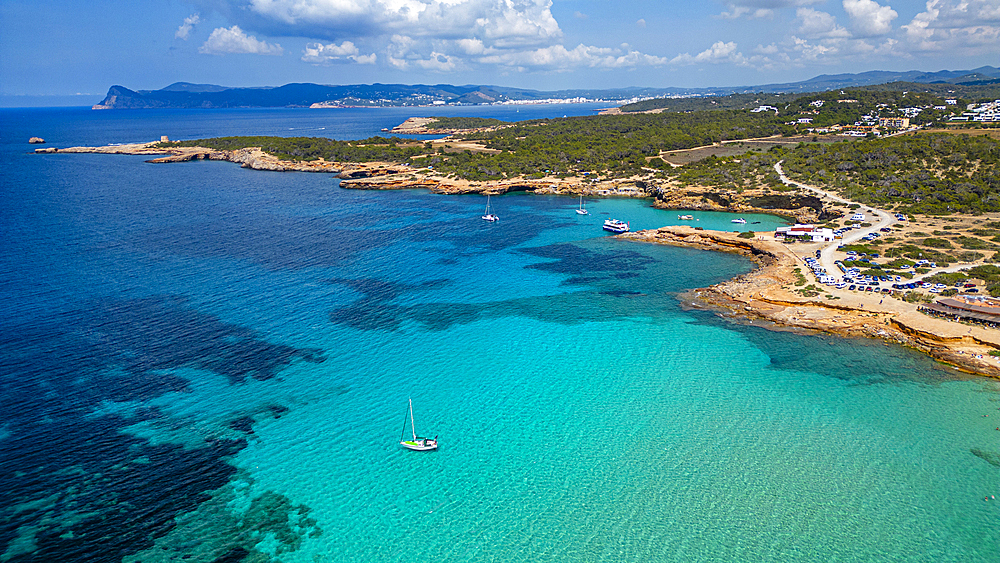 Aerial of Comte beach with its turquoise waters, Ibiza, Balearic Islands, Spain, Mediterranean, Europe