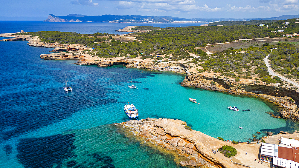 Aerial of Comte beach with its turquoise waters, Ibiza, Balearic Islands, Spain, Mediterranean, Europe