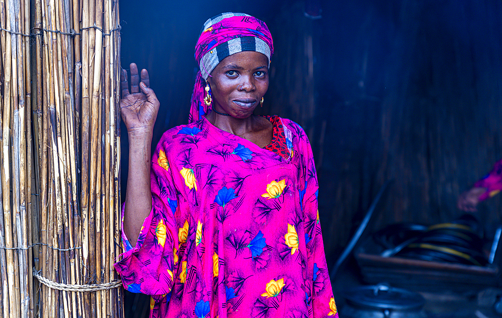 Portrait of a local woman in bright pink clothes, Lake Chad, Chad, Africa