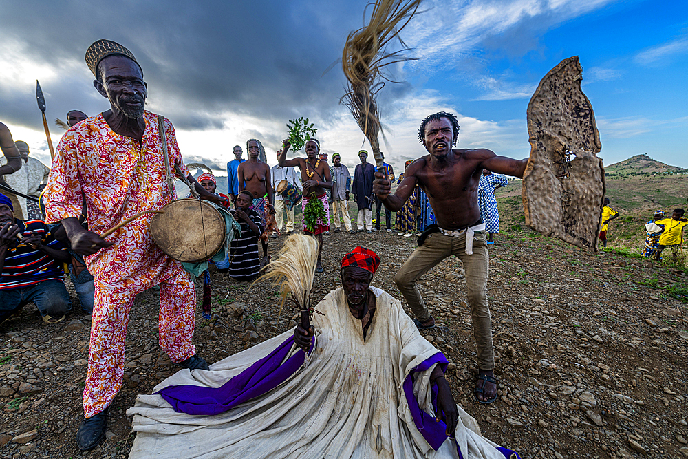 Kapsiki tribal people practising a traditional dance, Rhumsiki, Mandara mountains, Far North province, Cameroon, Africa