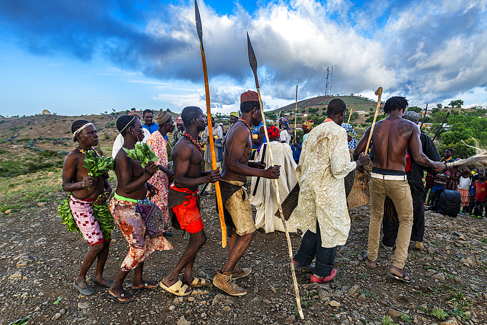 Kapsiki tribal people practising a traditional dance, Rhumsiki, Mandara mountains, Far North province, Cameroon, Africa