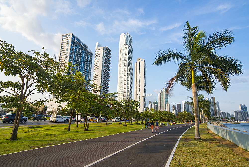 Walkway and the skyline of Panama City, Panama, Central America