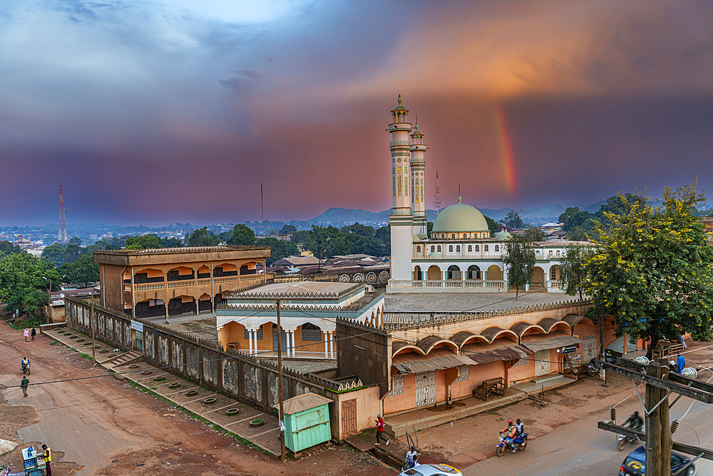 Rainbow over Lamido Grand Mosque, Ngaoundere, Adamawa region, Northern Cameroon, Africa