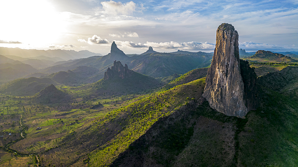 Aerial of Rhumsiki peak in the lunar landscape of Rhumsiki, Mandara mountains, Far North province, Cameroon, Africa