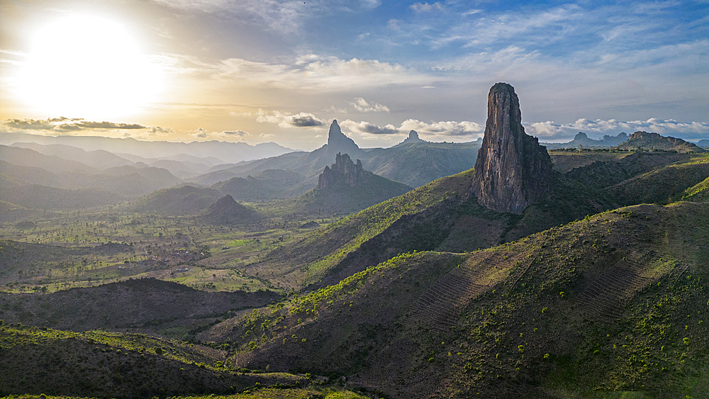 Aerial of Rhumsiki peak in the lunar landscape of Rhumsiki, Mandara mountains, Far North province, Cameroon, Africa