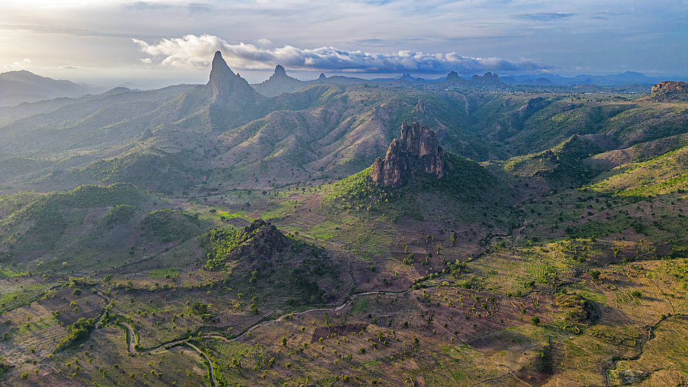 Aerial of Rhumsiki peak in the lunar landscape of Rhumsiki, Mandara mountains, Far North province, Cameroon, Africa