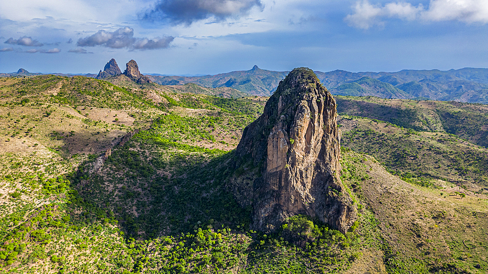 Aerial of Rhumsiki peak in the lunar landscape of Rhumsiki, Mandara mountains, Far North province, Cameroon, Africa