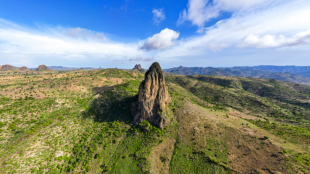 Aerial of Rhumsiki peak in the lunar landscape of Rhumsiki, Mandara mountains, Far North province, Cameroon, Africa