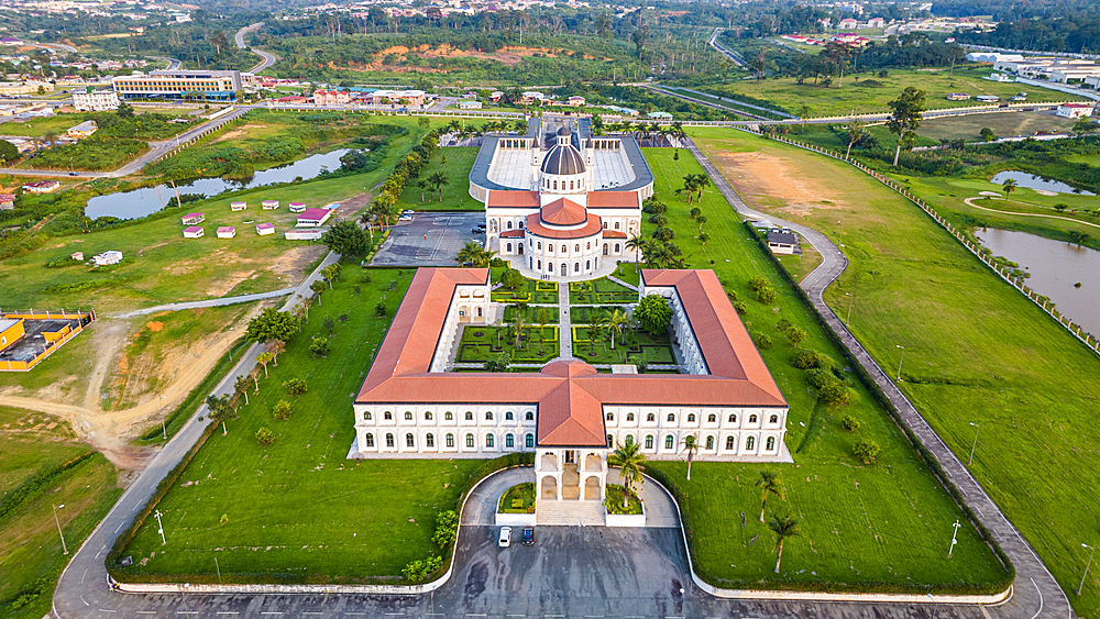 Aerial of the Basilica of the Immaculate Conception, Mongomo, Rio Muni, Equatorial Guinea, Africa