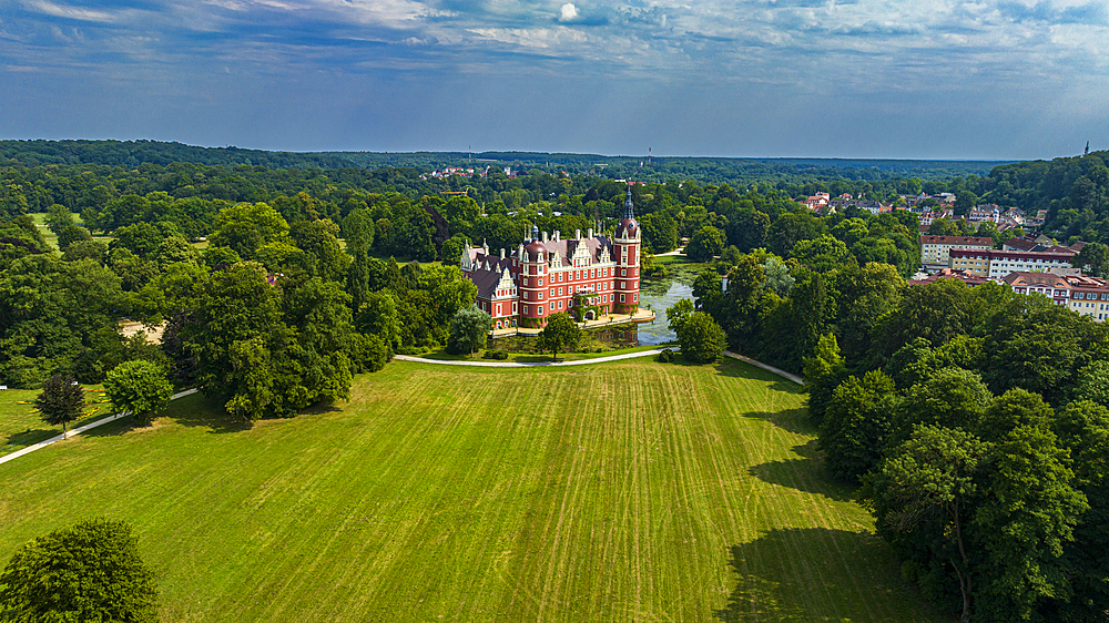 Aerial of Muskau Castle, Muskau (Muskauer) Park, UNESCO World Heritage Site, Bad Muskau, Saxony, Germany, Europe