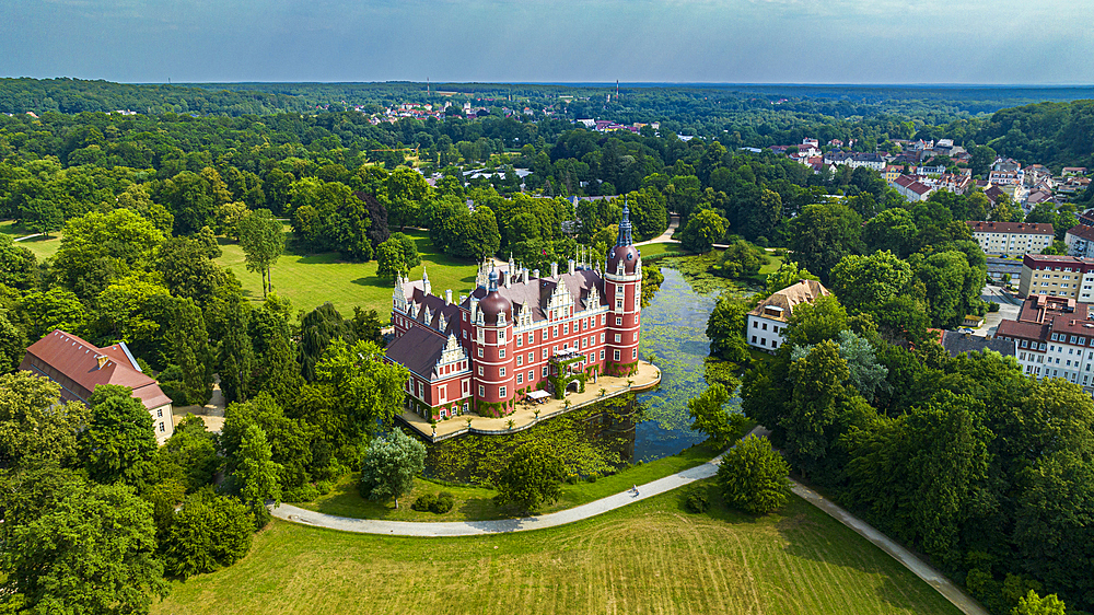 Aerial of Muskau Castle, Muskau (Muskauer) Park, UNESCO World Heritage Site, Bad Muskau, Saxony, Germany, Europe