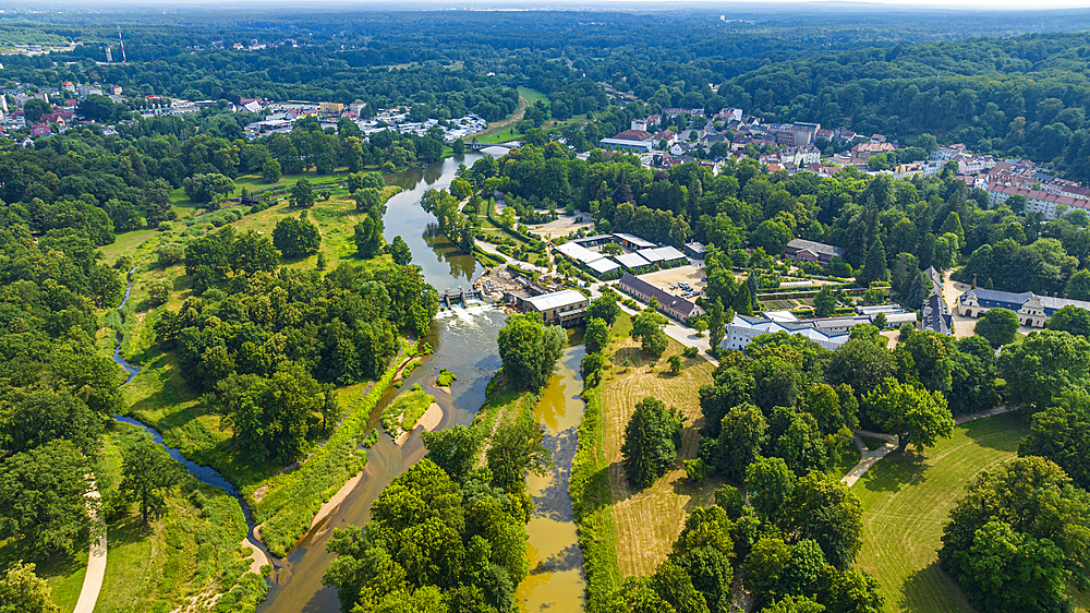 Aerial of Muskau (Muskauer) Park, UNESCO World Heritage Site, Bad Muskau, Saxony, Germany, Europe