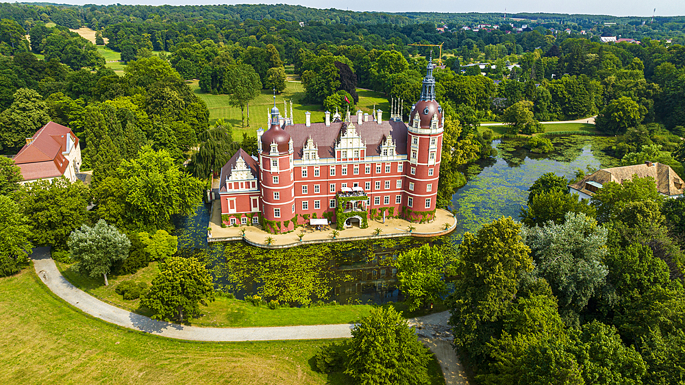 Aerial of Muskau Castle, Muskau (Muskauer) Park, UNESCO World Heritage Site, Bad Muskau, Saxony, Germany, Europe