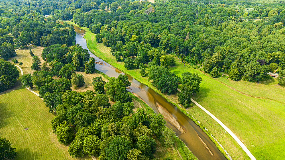 Aerial of Muskau (Muskauer) Park, UNESCO World Heritage Site, and the Neisse River, Bad Muskau, Saxony, Germany, Europe