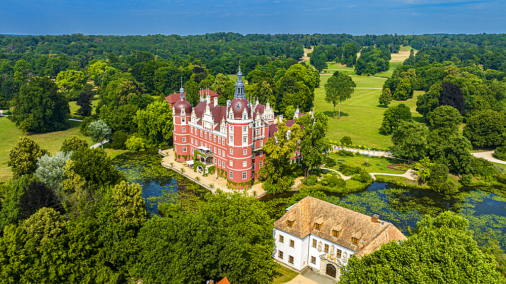 Aerial of Muskau Castle, Muskau (Muskauer) Park, UNESCO World Heritage Site, Bad Muskau, Saxony, Germany, Europe