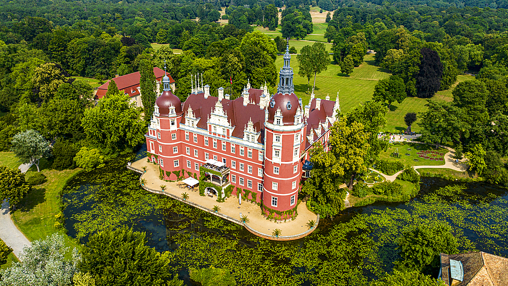 Aerial of Muskau Castle, Muskau (Muskauer) Park, UNESCO World Heritage Site, Bad Muskau, Saxony, Germany, Europe