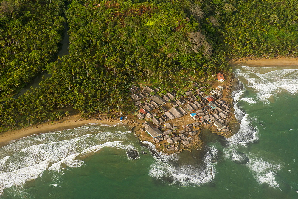 Aerial of a tiny village, San Blas Islands, Kuna Yala, Panama, Central America