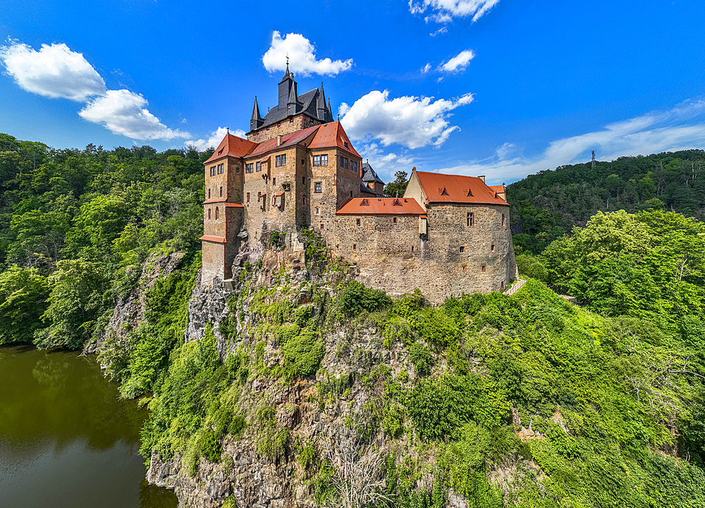 Aerial of Kriebstein Castle, on the Zschopau River, Kriebstein, Saxony, Germany, Europe