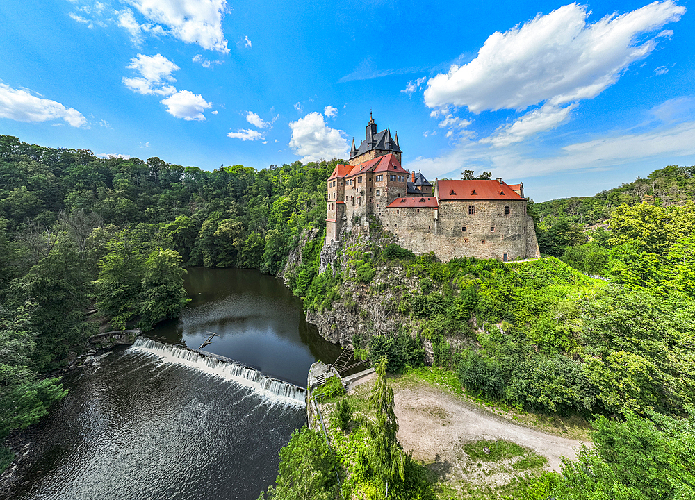 Aerial of Kriebstein Castle, on the Zschopau River, Kriebstein, Saxony, Germany, Europe