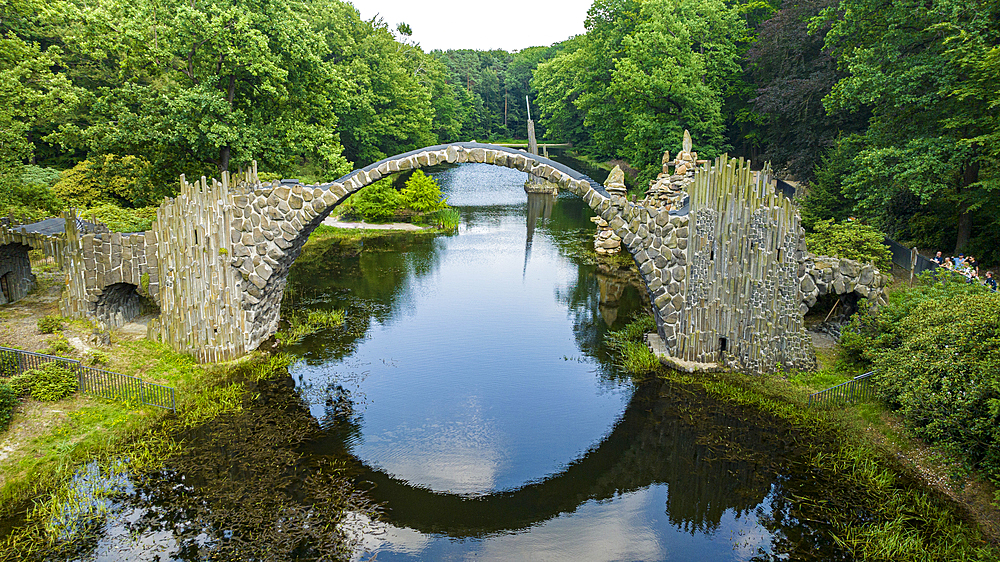 Aerial of the Rakotzbrucke (Devil´s Bridge), Kromlau Azalea and Rhododendron Park, Gablenz, Saxony, Germany, Europe