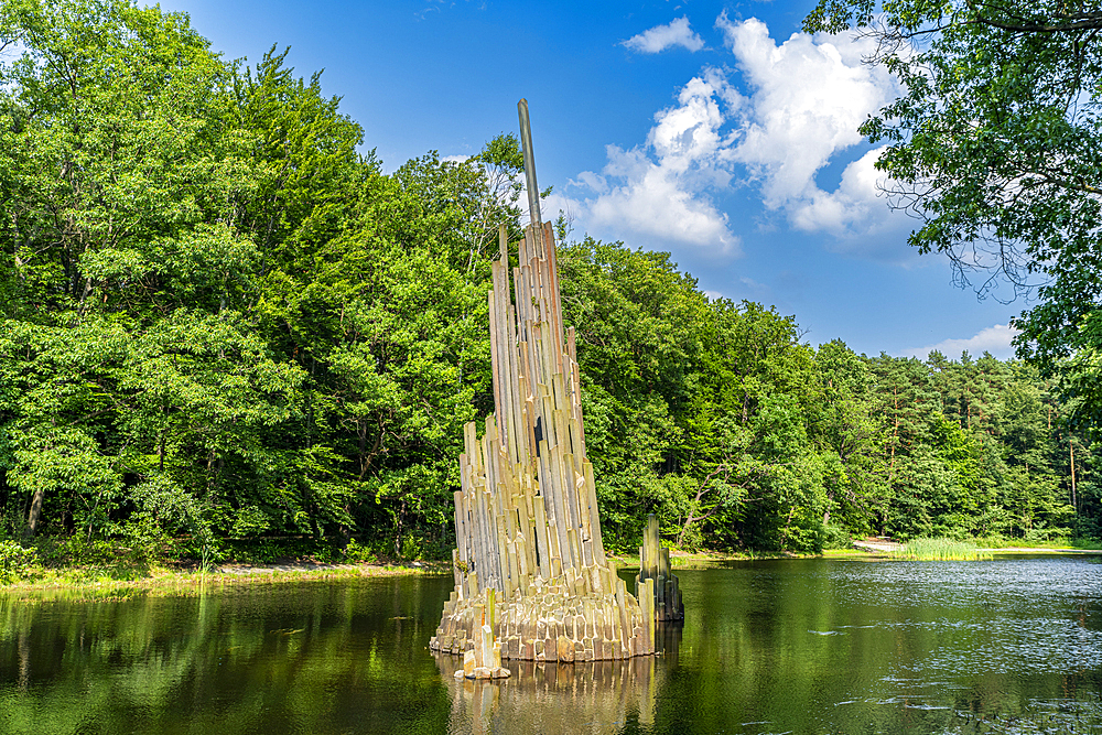 Basalt monument in the Kromlau Azalea and Rhododendron Park, Gablenz, Saxony, Germany, Europe