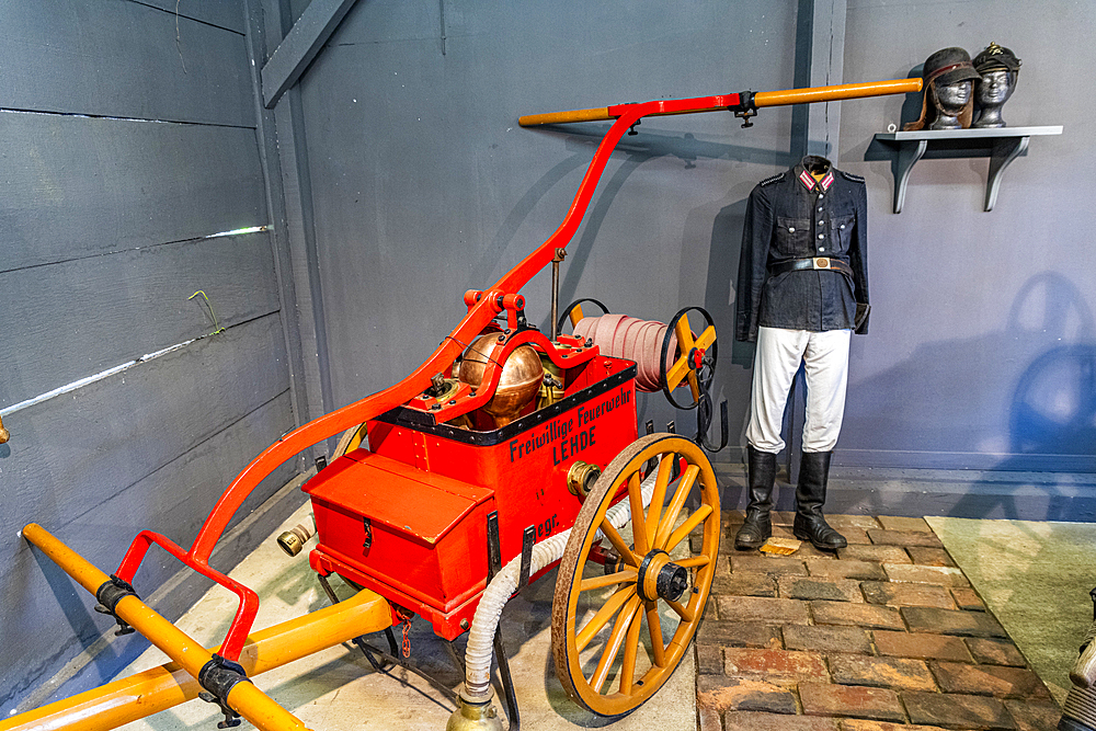 Old fire pumps in the Open Air mmuseum in Lehde, UNESCO Biosphere Reserve, Spree Forest, Brandenburg, Germany, Europe