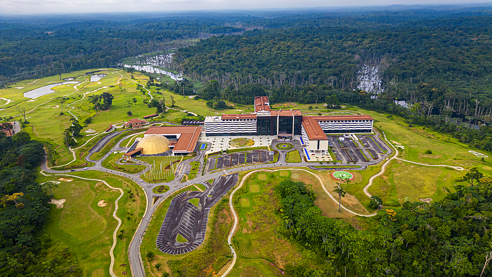 Aerial of the 5 star Djibloho Hotel in the jungle, Ciudad de la Paz, Rio Muni, Equatorial Guinea, Africa