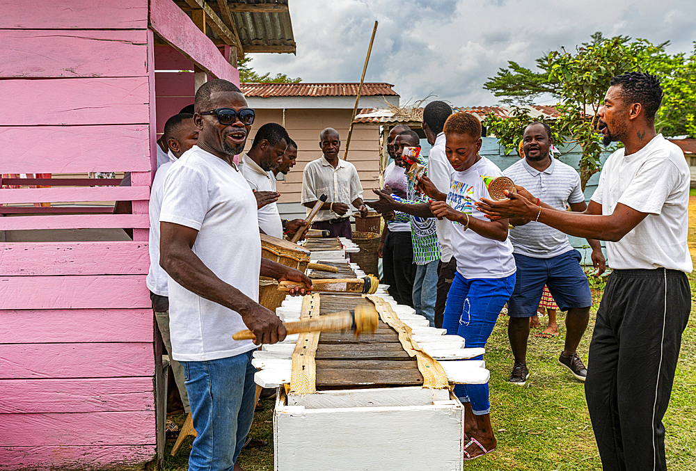 Locals practising traditional music, Ciudad de la Paz, Rio Muni, Equatorial Guinea, Africa