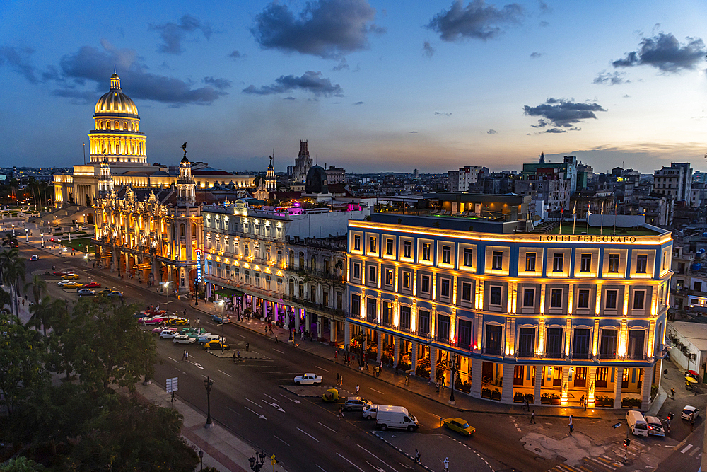 View at night over Havana and its Capitol, Havana, Cuba, West Indies, Central America