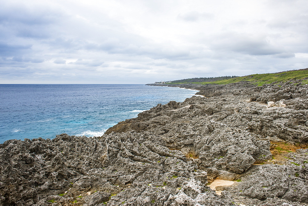 Rocky coral coast on the elevated coast of Minami Daito, Daito Islands, Japan, Asia