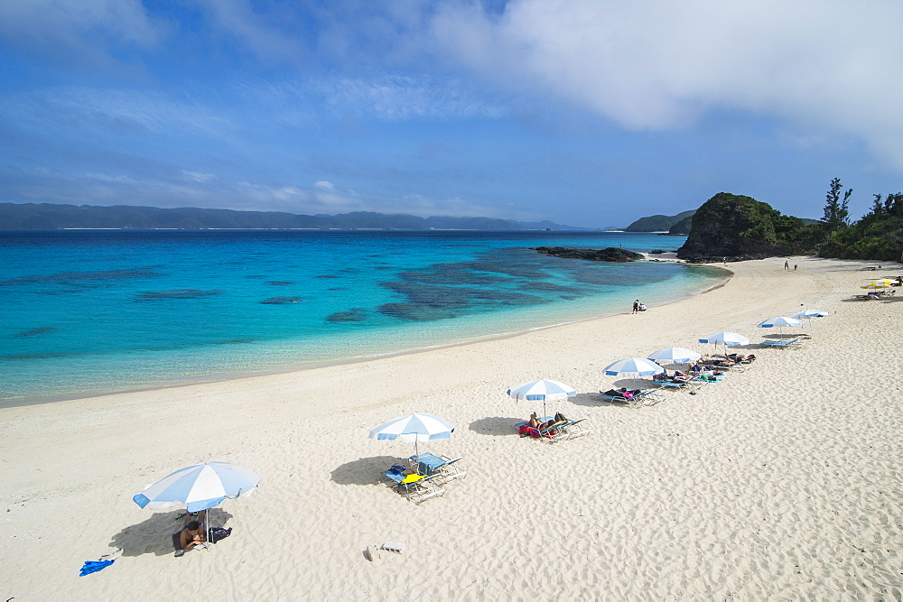 Sun shades on Furuzamami Beach, Zamami Island, Kerama Islands, Okinawa, Japan, Asia