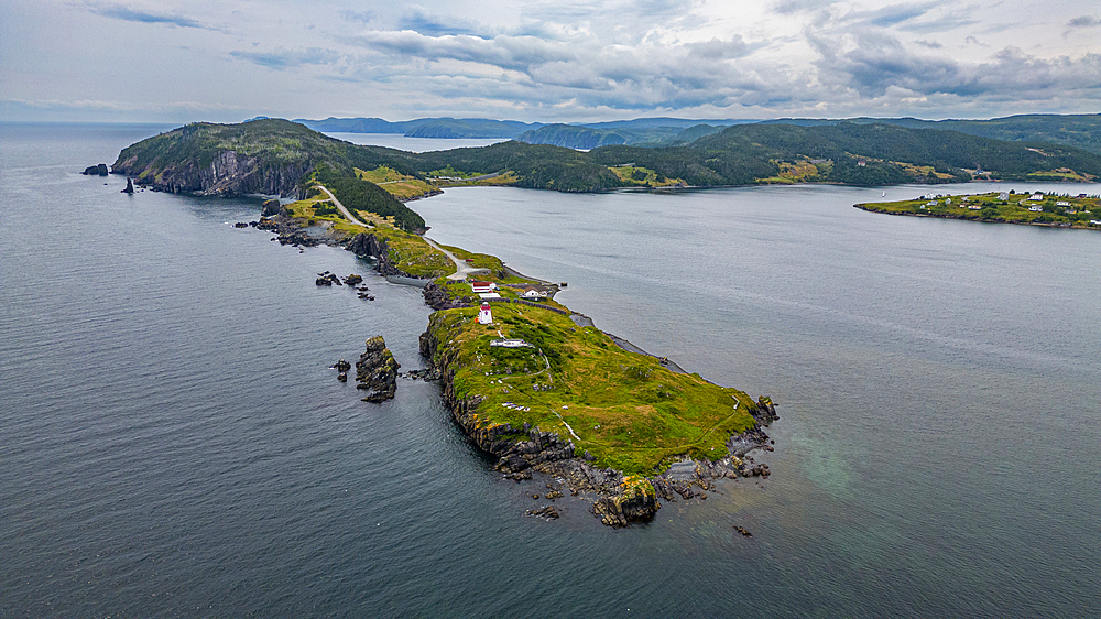 Aerial of the historic town of Trinity, Bonavista Peninsula, Newfoundland, Canada, North America